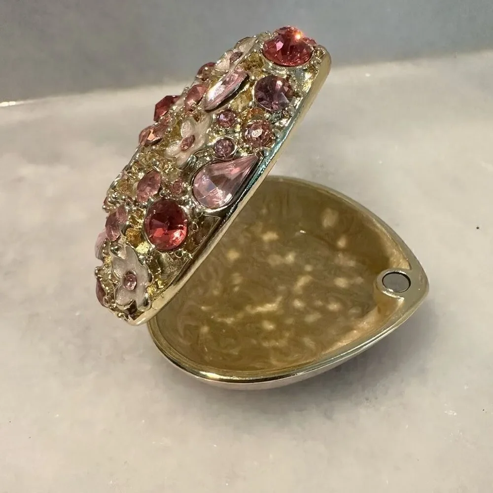 Vintage Hallowed Heart Rhinestone and Flower Heart Shaped Jewelry Box